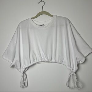 ZARA Women's White Cropped Drawstring Crew Neck Short Sleeve T-Shirt Top Sz L
